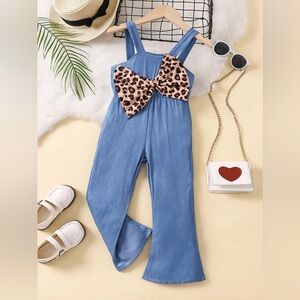 Toddler Kids Girl Leopard Bow Bell-Bottom Jumpsuit Romper Overalls Pants Outfit